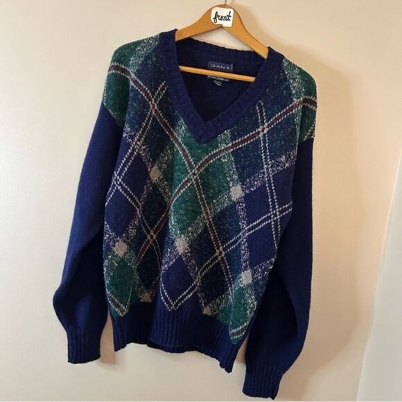 Gant Christmas holiday navy blue green red plaid v-neck natural fiber sweater me - Picture 1 of 8